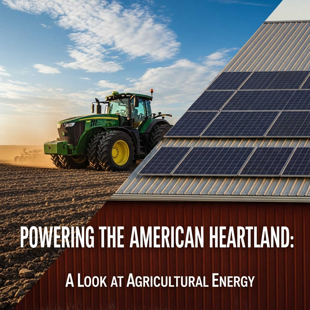 A dynamic graphic with the title "Powering the American Heartland: A Look at Agricultural Energy" overlaid on a split image: one half showing a modern tractor working in a field, the other half showing solar panels on a farm building.