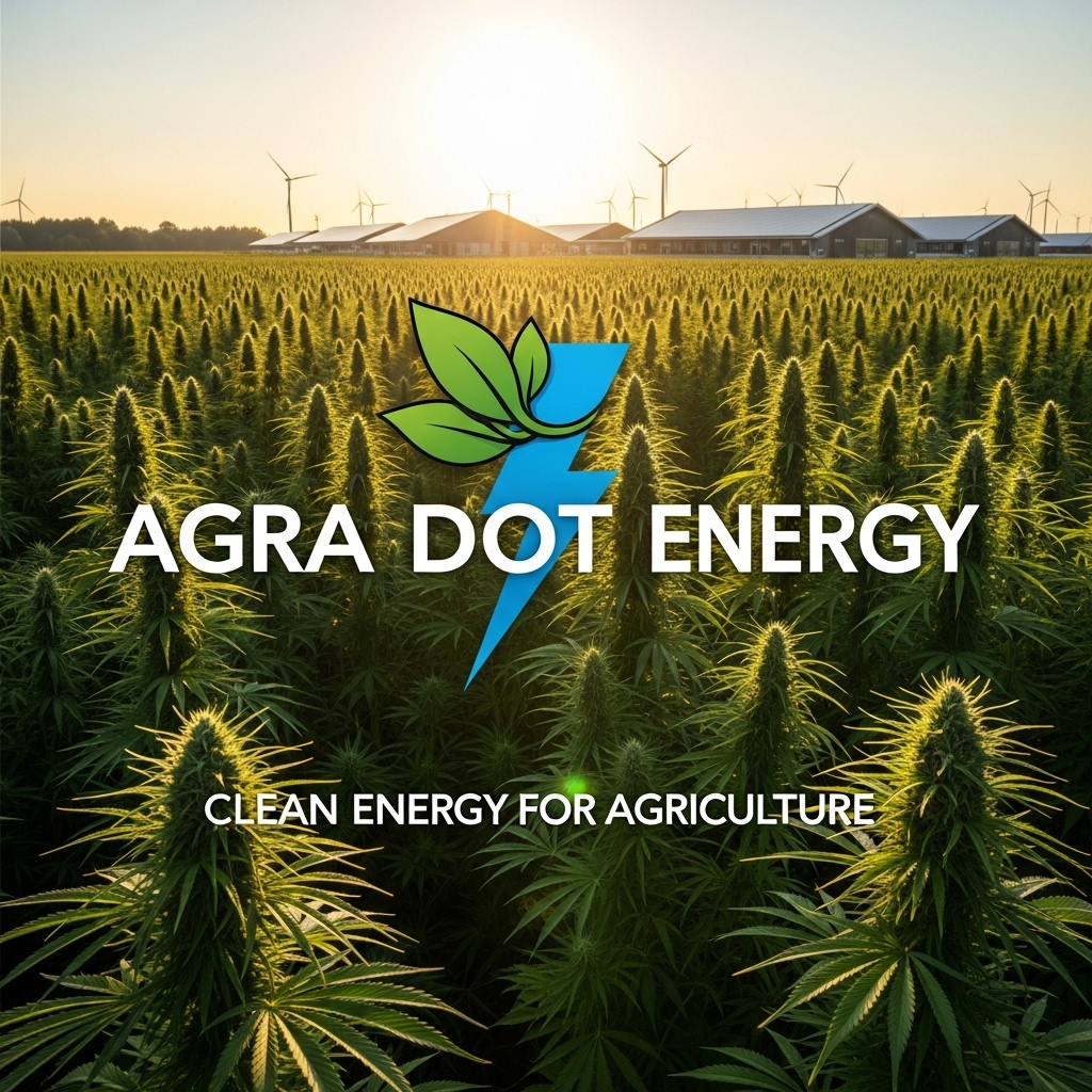 Agra Dot Energy: Clean Energy for Agriculture: The Agra Dot Energy logo (a stylized green leaf intertwined with a blue lightning bolt) is prominently displayed. The background could be a sun-drenched field of hemp or a modern dairy farm, visually connecting the company's brand with its mission.
