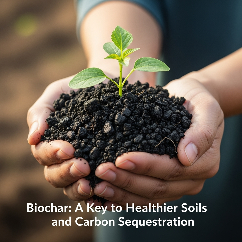 Image 8: Biochar: Rebuilding Our SoilsConcept: A powerful close-up shot showing hands holding rich, dark soil mixed with biochar. A small, healthy plant seedling is sprouting from the soil, symbolizing growth and fertility.Style: Organic, hopeful, and focused on nature.Text Overlay: "Biochar: A Key to Healthier Soils and Carbon Sequestration"