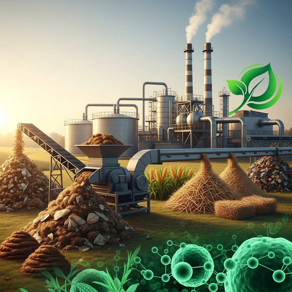 Biomass Energy Production. An artistic representation of agricultural waste (e.g., corn stalks, manure) being processed or used in a biofuel production facility, symbolizing biomass energy.