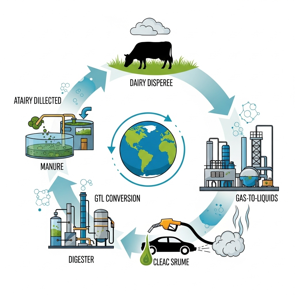 The Closed-Loop System: An elegant, circular infographic that illustrates the entire process, from cow to fuel. It starts with a cow, then shows manure going into the digester, then the GTL conversion, then the fuel being used, and finally, the clean emissions returning to the atmosphere, creating a complete, sustainable cycle.