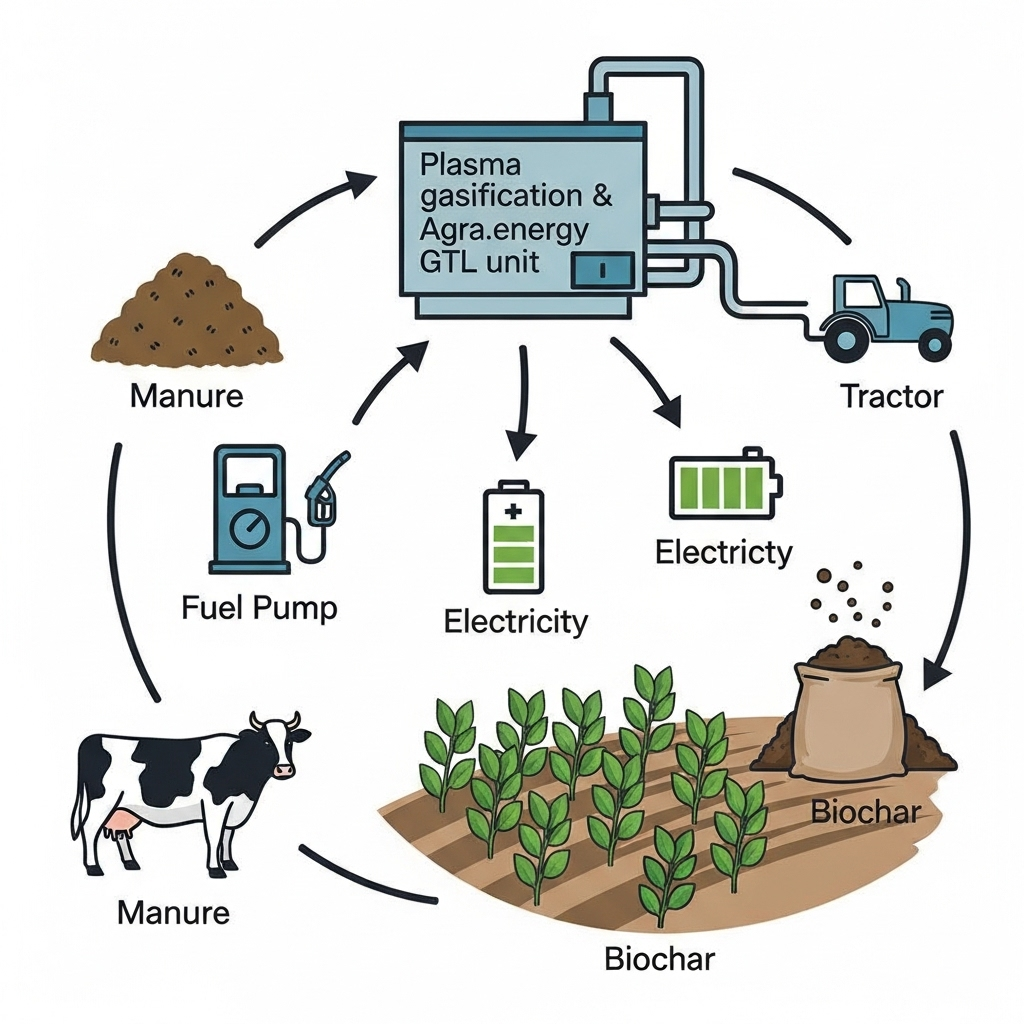 The Circular Farm EconomyA powerful infographic showing a circular flow. The diagram starts with a cow, moves to manure, then to the plasma gasification & Agra.energy GTL unit, which then outputs arrows pointing to: a fuel pump for a tractor, a battery icon for electricity, and a bag of biochar enriching a field of crops. The circle is complete, showing a self-sustaining system.
