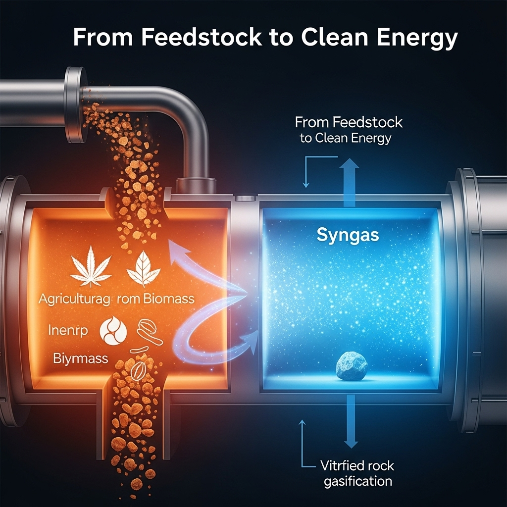 From Feedstock to Clean EnergyConcept: A visually stunning diagram of a plasma gasification chamber. Agricultural biomass (represented by stylized icons of hemp and crop waste) enters one side and is transformed into a clean, glowing blue syngas on the other, with a small, inert, vitrified rock as the only byproduct.Style: High-tech and clinical. The image demystifies the process, presenting it as a clean and advanced scientific solution.Caption: The Alchemy of Innovation: Transforming agricultural feedstock into clean, reliable syngas through plasma gasification.