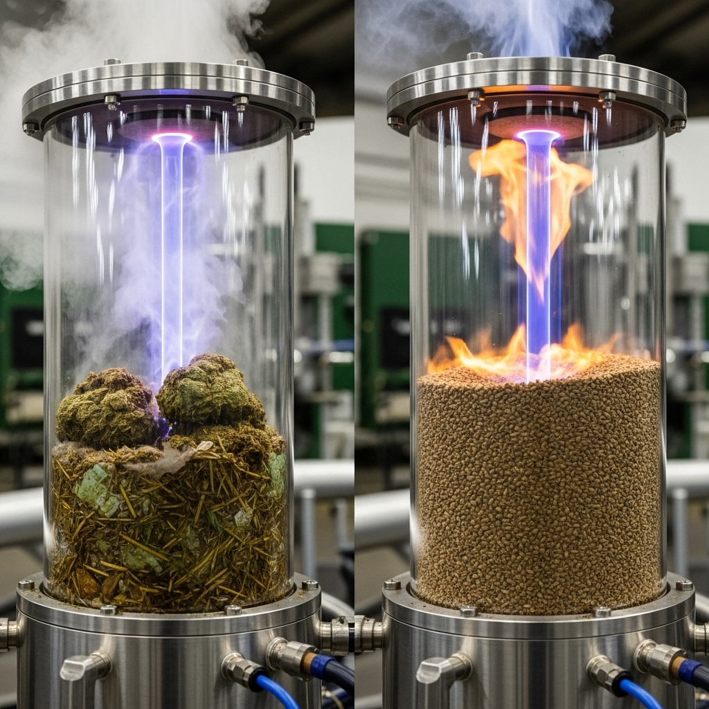 Feedstock Comparison: A side-by-side view of two transparent plasma gasification chambers. The one on the left contains wet, clumpy dairy waste and shows a significant amount of steam, indicating a less efficient process. The chamber on the right contains dry, uniform hemp hurd and shows a clean, intense plasma reaction, visually representing its higher efficiency.
