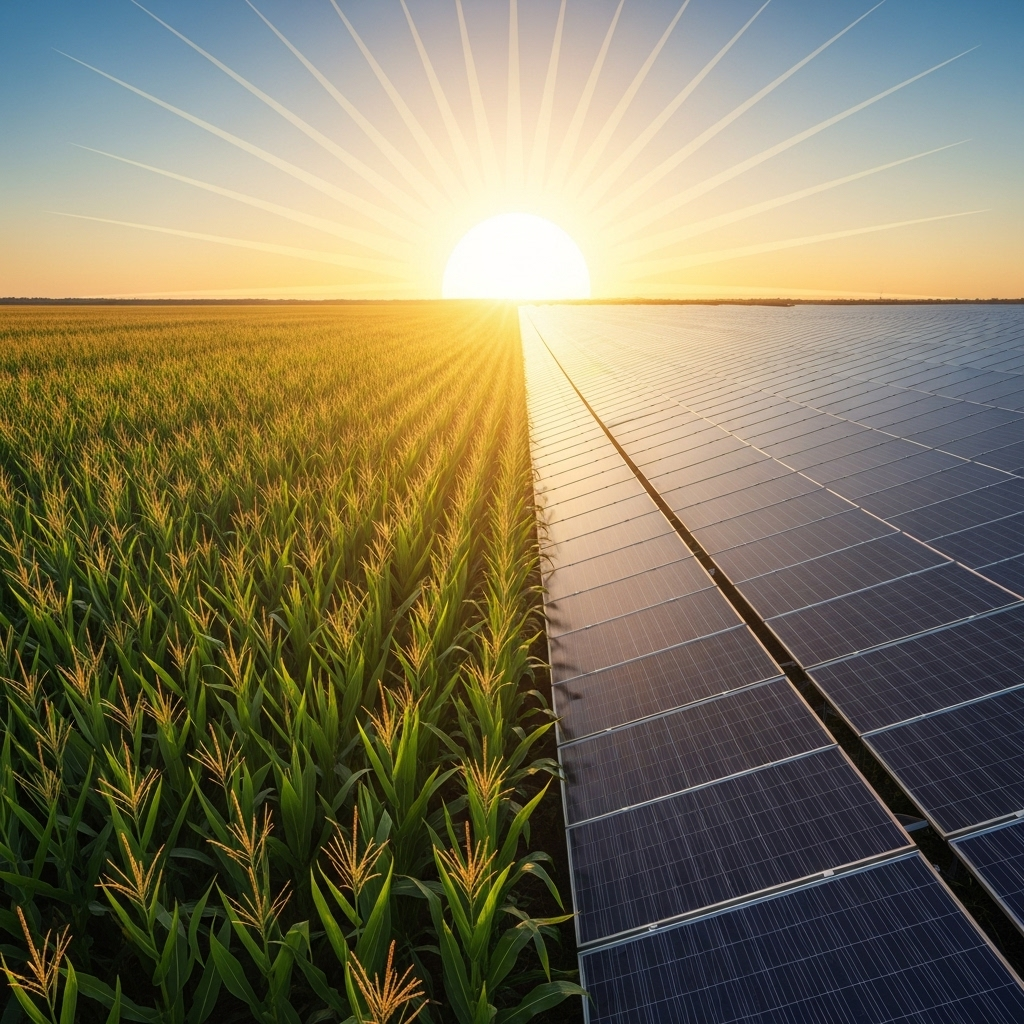 The New Harvest: A visually striking image of a field with half corn stalks and half solar panels, symbolizing the dual role of modern farms in producing both food and energy. A stylized sun is shining brightly, casting a golden glow over the entire scene.