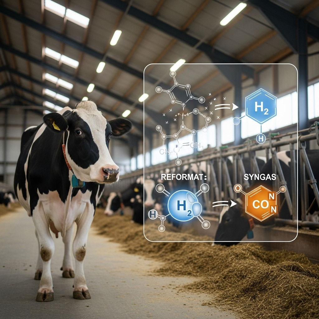 From Dairy to Energy: An image of a healthy dairy cow in a clean, modern barn. Next to the cow, a transparent, holographic-style diagram shows the chemical bonds of manure being broken down and reformed into the molecular structures of hydrogen and carbon monoxide, representing the creation of syngas.