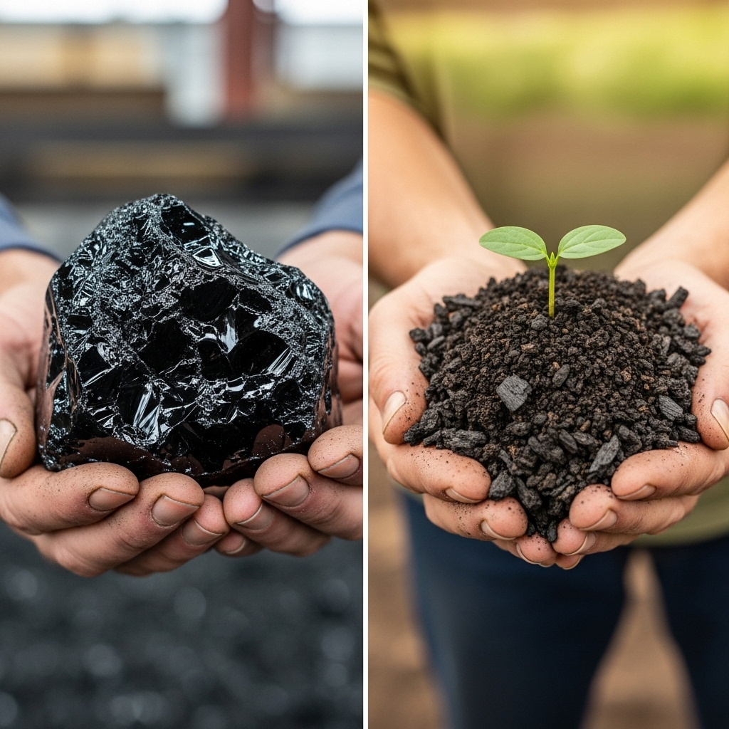 Valuable Co-ProductsA split-screen image held by a farmer's hands. On the left, one hand holds a piece of black, glassy, inert rock (vitrified slag), showing its safe, sterile nature. On the right, the other hand holds a handful of rich, dark biochar, with a tiny, vibrant green seedling sprouting from it, signifying soil health.