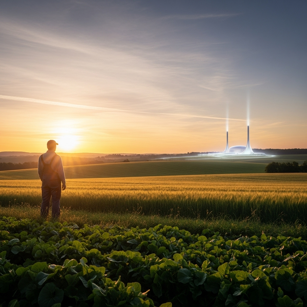 A Vision for the Future: An inspiring and optimistic image of a farmer standing at the edge of a flourishing field at sunrise. The farmer is looking towards the horizon, where a futuristic plasma gasification facility is subtly integrated into the landscape. This image should evoke a sense of hope, innovation, and a sustainable future for agriculture.