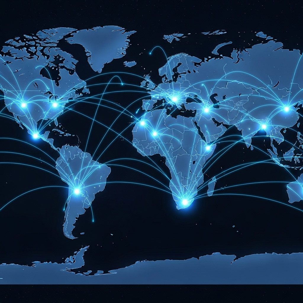 A Growing Global Market: A stylized world map with glowing nodes on different continents, representing the increasing adoption of plasma gasification technology. Luminous lines should connect these nodes, symbolizing the global growth and interconnectedness of the market.