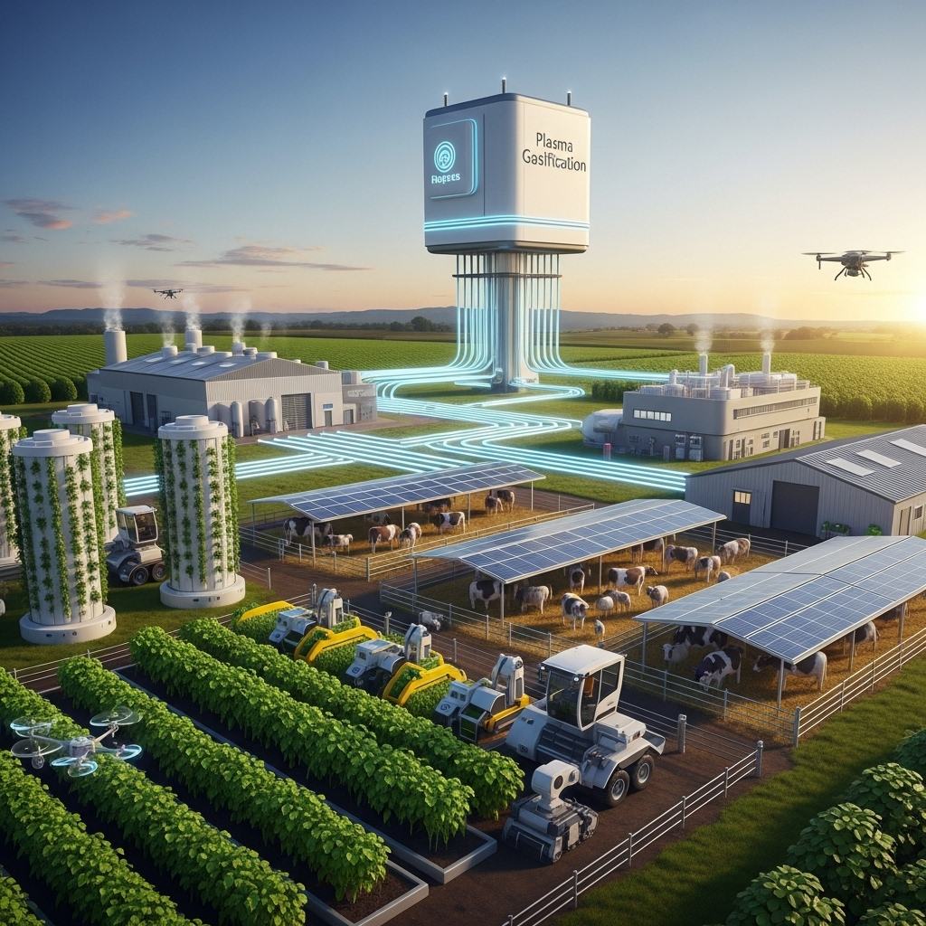 The Farm of the Future: A wide-angle, futuristic image of a farm that seamlessly integrates agriculture with energy production. In the foreground, there are healthy crops and livestock. In the background, a sleek, compact plasma gasification plant is shown, connected to the farm buildings by a network of pipes, symbolizing a closed-loop, self-sustaining system.