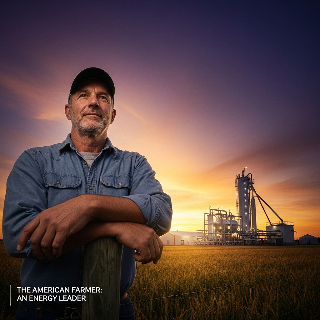 The American Farmer: An Energy LeaderA confident portrait of a modern farmer. He stands proudly in his field, looking towards the future. In the background, the sun sets behind his farm, where the clean, modern profile of the plasma gasification and GTL unit is visible. The image conveys pride, innovation, and stewardship.