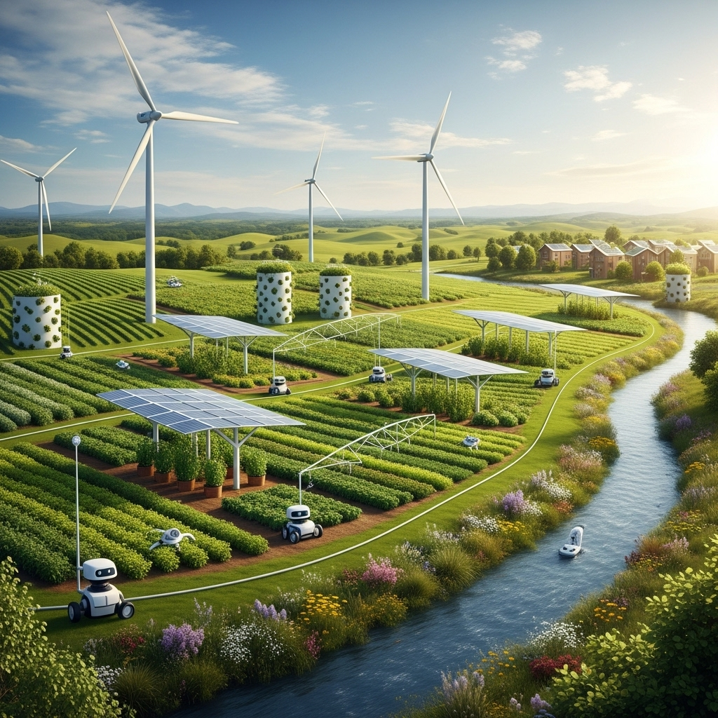 Sustainable Agriculture Vision. A composite image or illustration representing a future vision of sustainable agriculture, incorporating renewable energy sources seamlessly integrated with farming practices and a healthy environment.