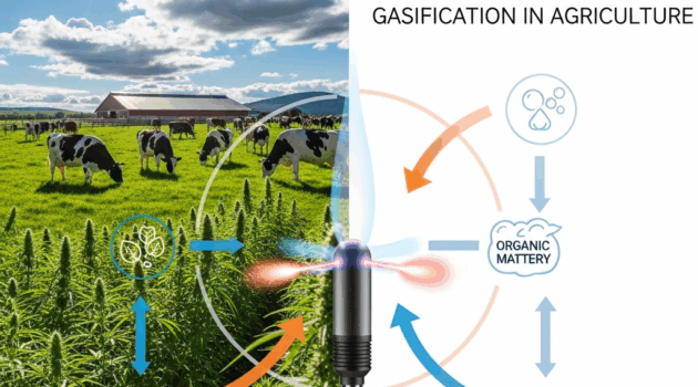 Concept: A visually striking hero image. A split-screen or composite image showing a vibrant, healthy farm scene (e.g., a dairy farm with cows in a pasture or a field of industrial hemp) on one side, and on the other, a sleek, modern diagram illustrating the plasma gasification process with a glowing plasma torch at its center. Style: Professional, clean, and slightly futuristic. Use of Agra.Energy's brand colors would be ideal. Text Overlay: "Fueling the Future: The Power of Plasma Gasification in Agriculture"