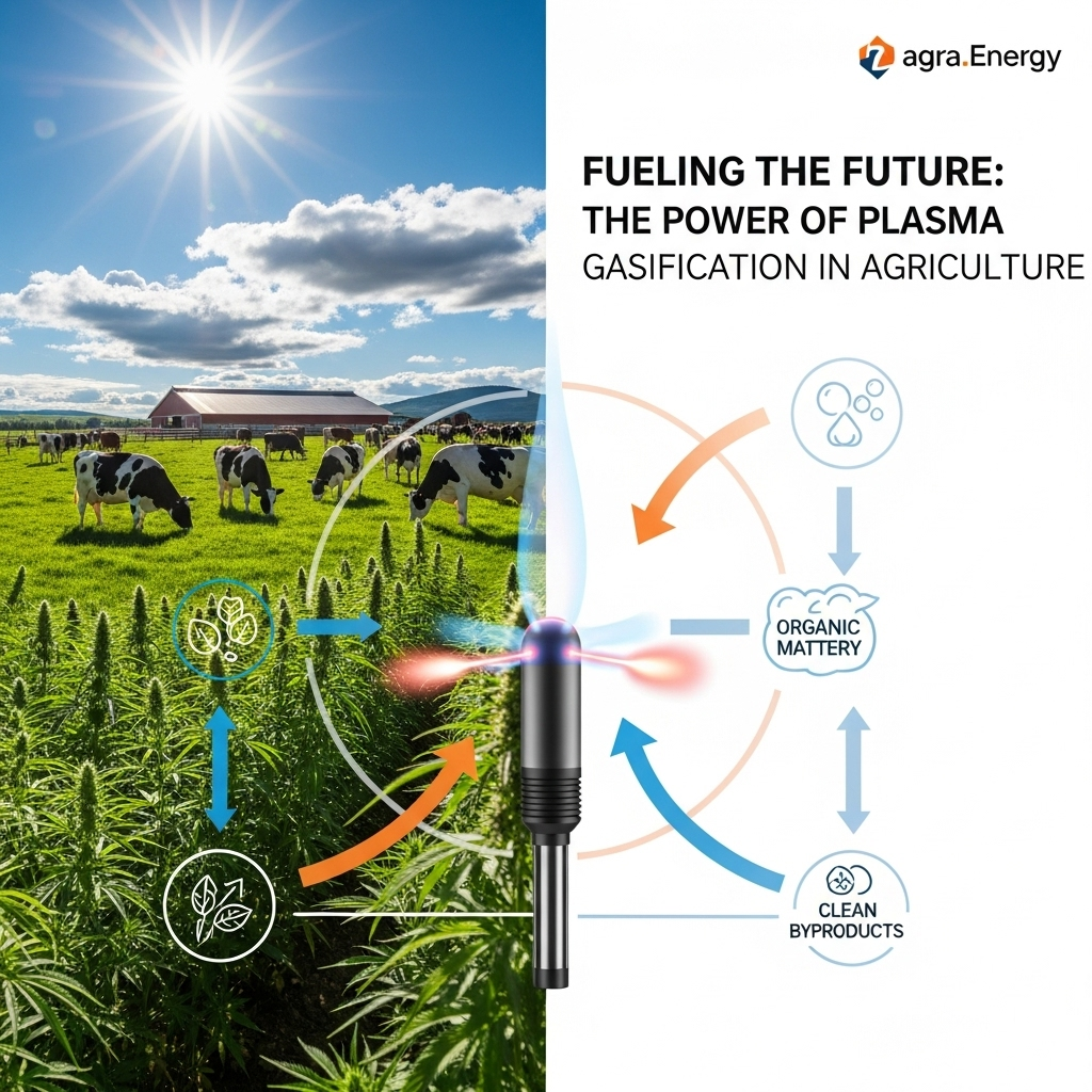 Concept: A visually striking hero image. A split-screen or composite image showing a vibrant, healthy farm scene (e.g., a dairy farm with cows in a pasture or a field of industrial hemp) on one side, and on the other, a sleek, modern diagram illustrating the plasma gasification process with a glowing plasma torch at its center.Style: Professional, clean, and slightly futuristic. Use of Agra.Energy's brand colors would be ideal.Text Overlay: "Fueling the Future: The Power of Plasma Gasification in Agriculture"