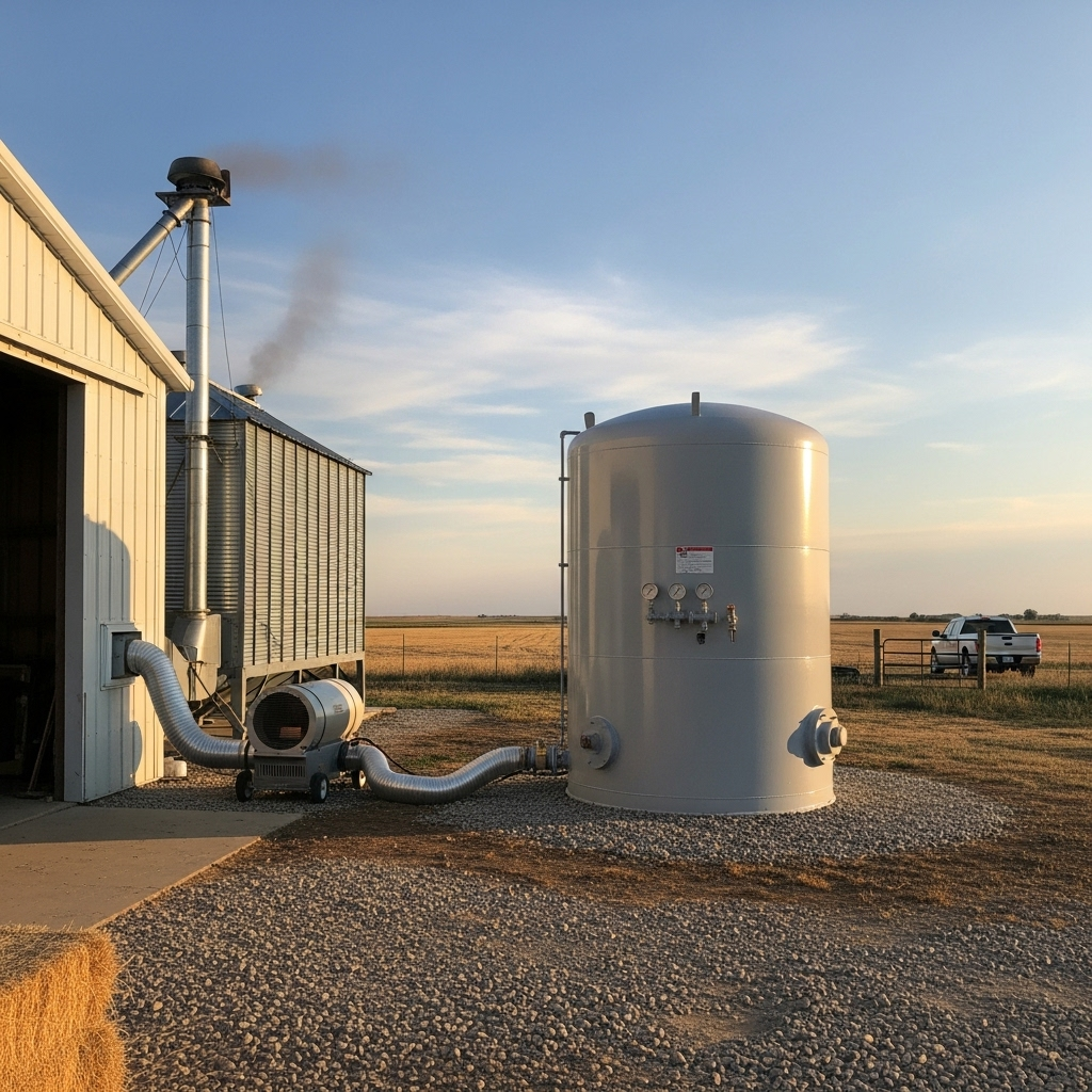 Natural Gas Tank on a Farm. A propane or natural gas storage tank on a farm property, with subtle visual cues of heating or drying equipment nearby, illustrating the role of natural gas.