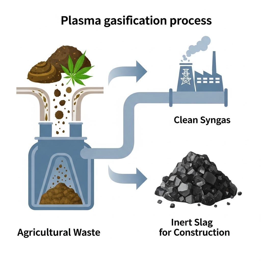 The Gasification Process: A clear and informative infographic that illustrates the plasma gasification process. On the left, show agricultural waste (like manure and hemp) being fed into a stylized plasma gasification chamber. Arrows should point from the chamber to two distinct outputs on the right: a pipeline labeled "Clean Syngas" leading to a power plant icon, and a pile of dark, glassy slag labeled "Inert Slag for Construction."