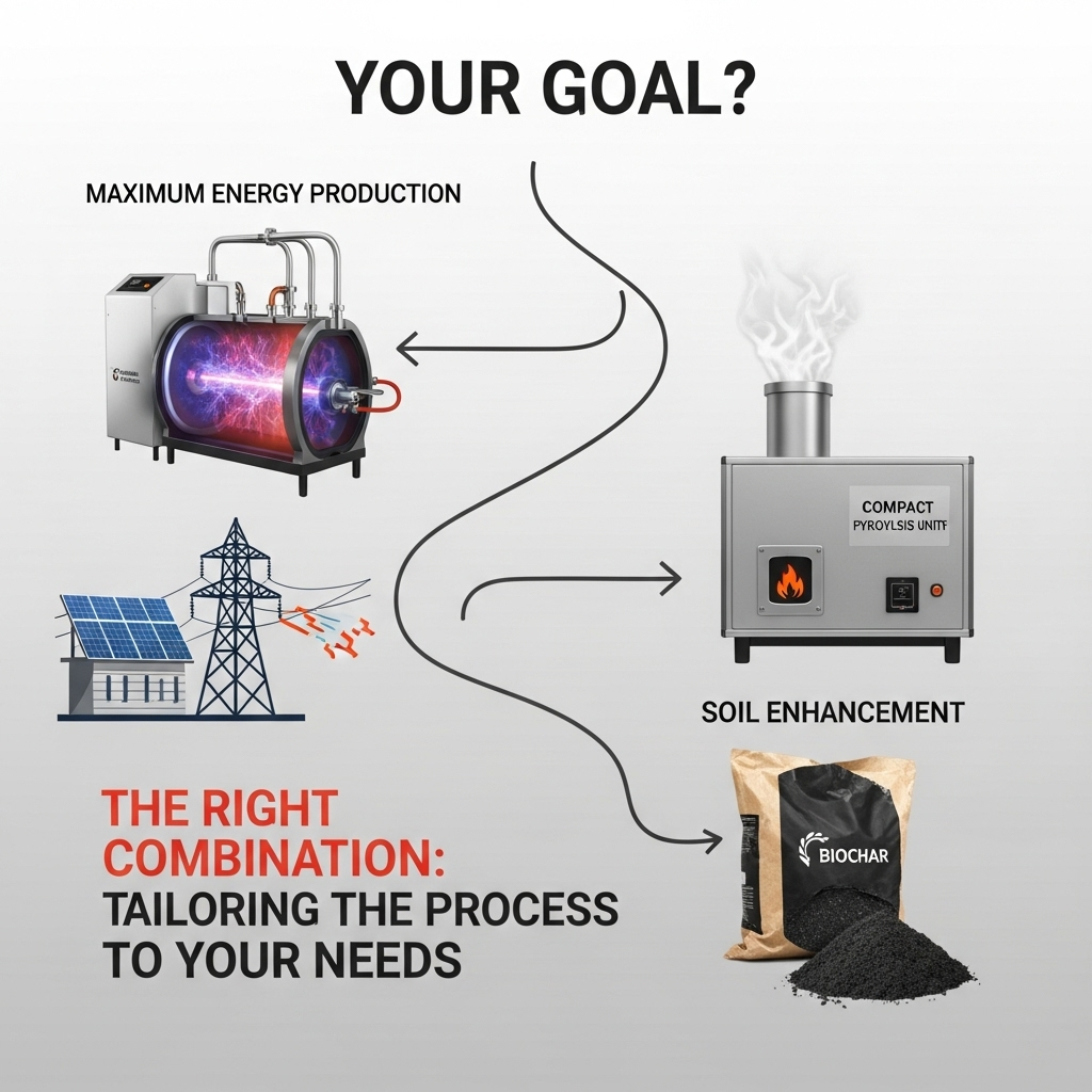 Image 10: Optimizing for SuccessConcept: A "choose your own adventure" style infographic. At the top, "Your Goal?" Below, two paths:Path 1: "Maximum Energy Production" leads to an image of a plasma gasifier and a power grid.Path 2: "Soil Enhancement" leads to an image of a pyrolysis unit and a bag of biochar.Style: Interactive and strategic.Text Overlay: "The Right Combination: Tailoring the Process to Your Needs"