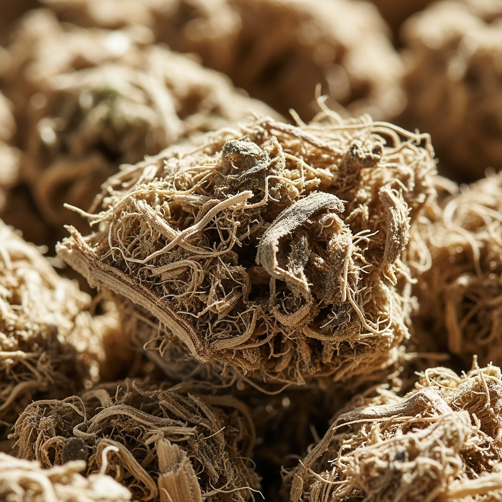 The Potential of Hemp: A close-up, high-detail photograph of industrial hemp hurd. The image should highlight the dry, fibrous, and woody texture of the material, emphasizing its suitability as a feedstock for gasification.