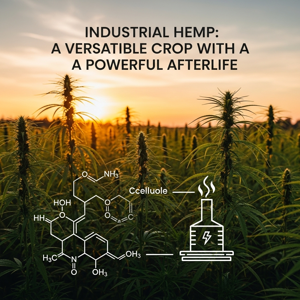 Image 5: Industrial Hemp's Second LifeConcept: A visually appealing image of a thriving industrial hemp field at sunset. In the foreground, a subtle graphic overlay shows the chemical structure of cellulose or a simple icon of the plant's stalk being converted into energy.Style: Natural and inspiring, with a touch of technological sophistication.Text Overlay: "Industrial Hemp: A Versatile Crop with a Powerful Afterlife"