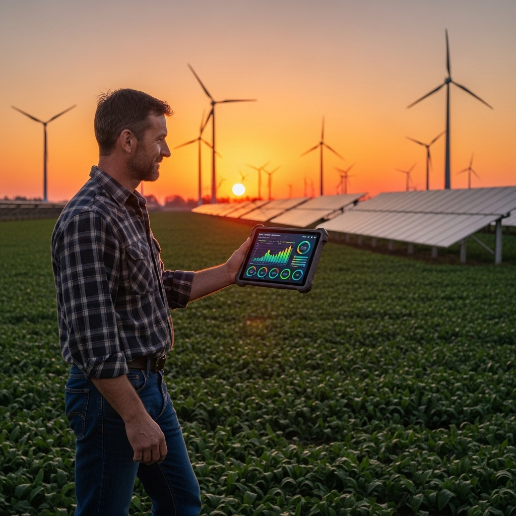The Future is Now: A bold, forward-looking image. A farmer, standing in a field at sunrise, is holding a tablet that displays real-time data on energy production. In the distance, the silhouettes of wind turbines and solar panels are visible against the rising sun, symbolizing a bright and hopeful future.