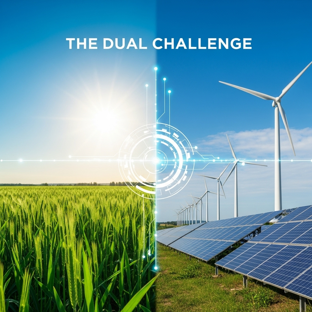 Image 1: The Dual ChallengeConcept: A split-screen image. On one side, a vibrant, healthy crop field under a bright sun, representing food security. On the other side, a clean energy landscape with wind turbines and solar panels, symbolizing a sustainable energy future. The two images should blend seamlessly in the middle to show their interconnected nature.Visual Style: Realistic, hopeful, and slightly stylized with a modern tech overlay of glowing lines connecting the two halves.
