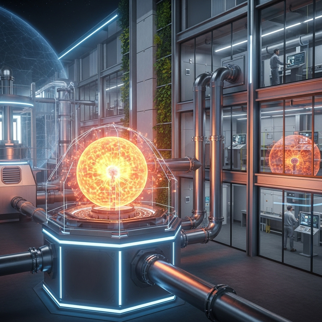 A stylized image combining a radiant, sun-like plasma core with a modern, clean industrial facility. This visual represents the concept of "Harnessing the Sun on Earth" for waste-to-energy, with a high-tech and optimistic aesthetic.