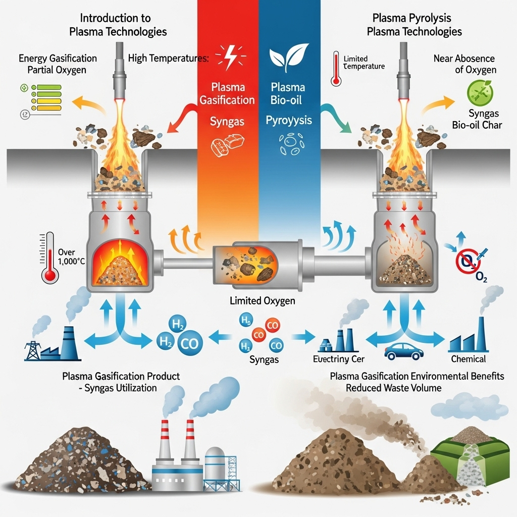 The Fundamental Difference: Gasification vs. PyrolysisThis image illustrates the core distinction between the two processes. On one side, plasma gasification with a partial supply of oxygen converts waste primarily into syngas. On the other, plasma pyrolysis, in a near-total absence of oxygen, breaks down waste into a mix of syngas, bio-oil, and char.