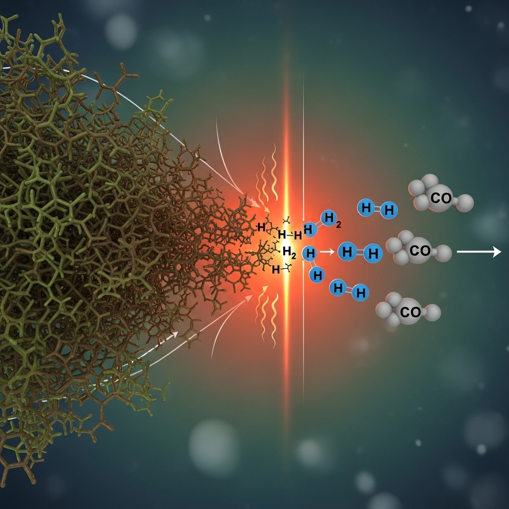 A stylized microscopic view showing the transformation. On the left, complex organic molecules are depicted as tangled, brown and green chains. As they pass through a "heat" zone in the center, they break apart into simple, clean molecules on the right—blue for hydrogen (H2) and grey for carbon monoxide (CO), representing syngas.