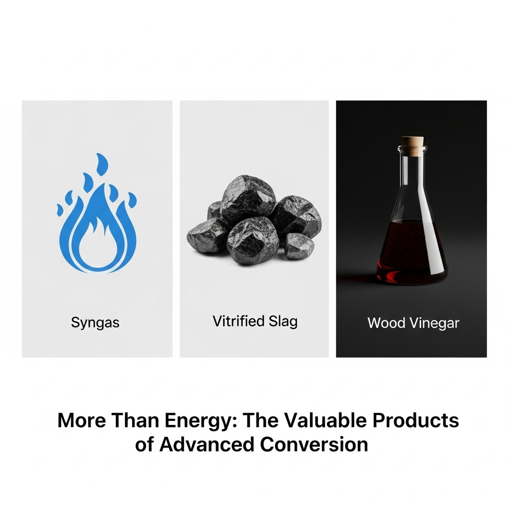 Image 6: The Valuable Outputs of Plasma GasificationConcept: A triptych (three-panel image) cleanly presenting the main outputs.Panel 1: A stylized blue flame or gas molecule icon with the label "Syngas."Panel 2: A small pile of black, glassy rocks with the label "Vitrified Slag."Panel 3: A bottle or beaker of dark liquid with the label "Wood Vinegar."Style: Modern, minimalist, and informative.Text Overlay: "More Than Energy: The Valuable Products of Advanced Conversion"