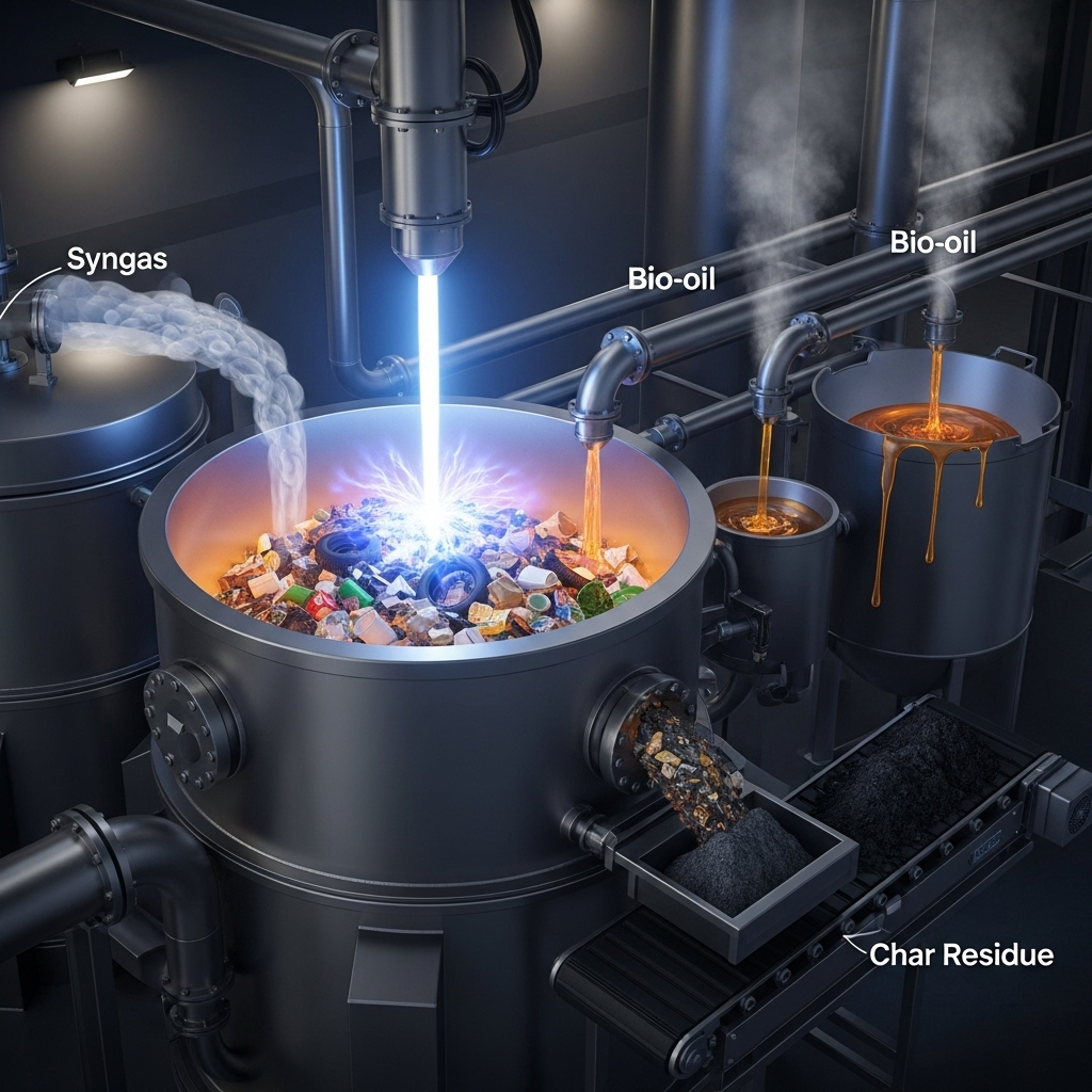 The Plasma Pyrolysis Process in DetailHere, the plasma pyrolysis reactor is shown. In an oxygen-starved environment, the plasma torch heats the waste, leading to its decomposition into three main products: syngas, bio-oil, and a solid char residue.