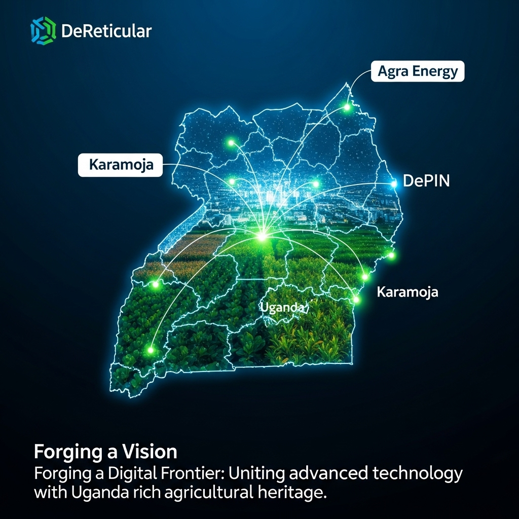 The Vision: A Connected and  rich agricultural heritage of UgandaConcept: A stylized, holographic map of Uganda glowing with interconnected data points. Lines of light connect agricultural zones in regions like Karamoja to urban centers, symbolizing the fusion of DeReticular's DePIN network with Agra Energy's agricultural data.Style: Sleek, futuristic, and optimistic, with a professional blue and green color palette.Caption: Forging a Digital Frontier: Uniting advanced technology with Uganda's rich agricultural heritage.