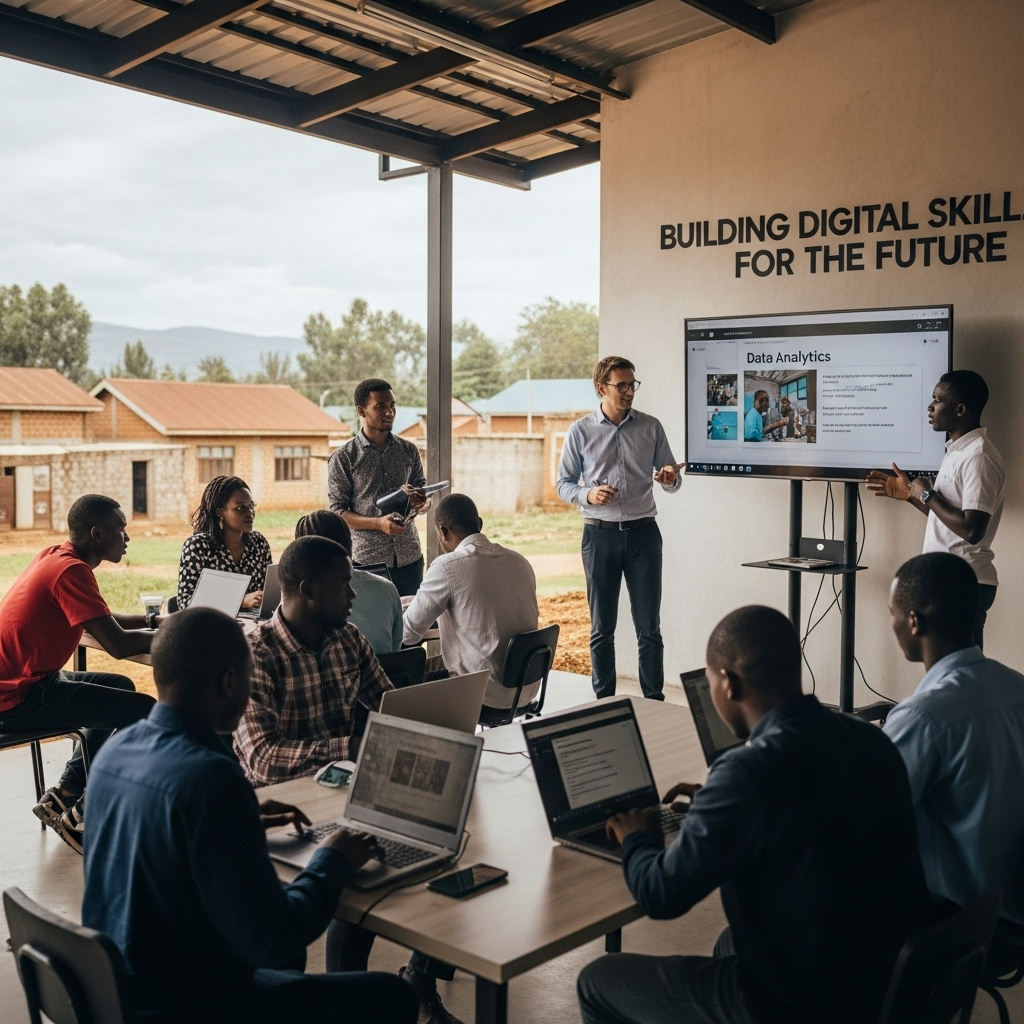 Building Digital Skills for the FutureConcept: An image of a modern, open-air training hub in a Ugandan town. A diverse group of young adults is actively engaged, learning digital skills on laptops and interacting with a trainer who is explaining data analytics on a large screen.Style: Energetic, collaborative, and forward-looking.Caption: Investing in People: Fostering digital literacy and developing the next generation of tech leaders and skilled professionals in Uganda.