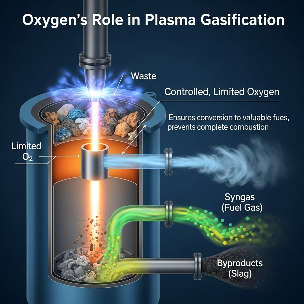 Oxygen's Role in Plasma GasificationThis visual representation focuses on the controlled, limited supply of oxygen in plasma gasification. This condition is crucial for ensuring the waste is converted into a valuable fuel gas rather than being completely combusted.