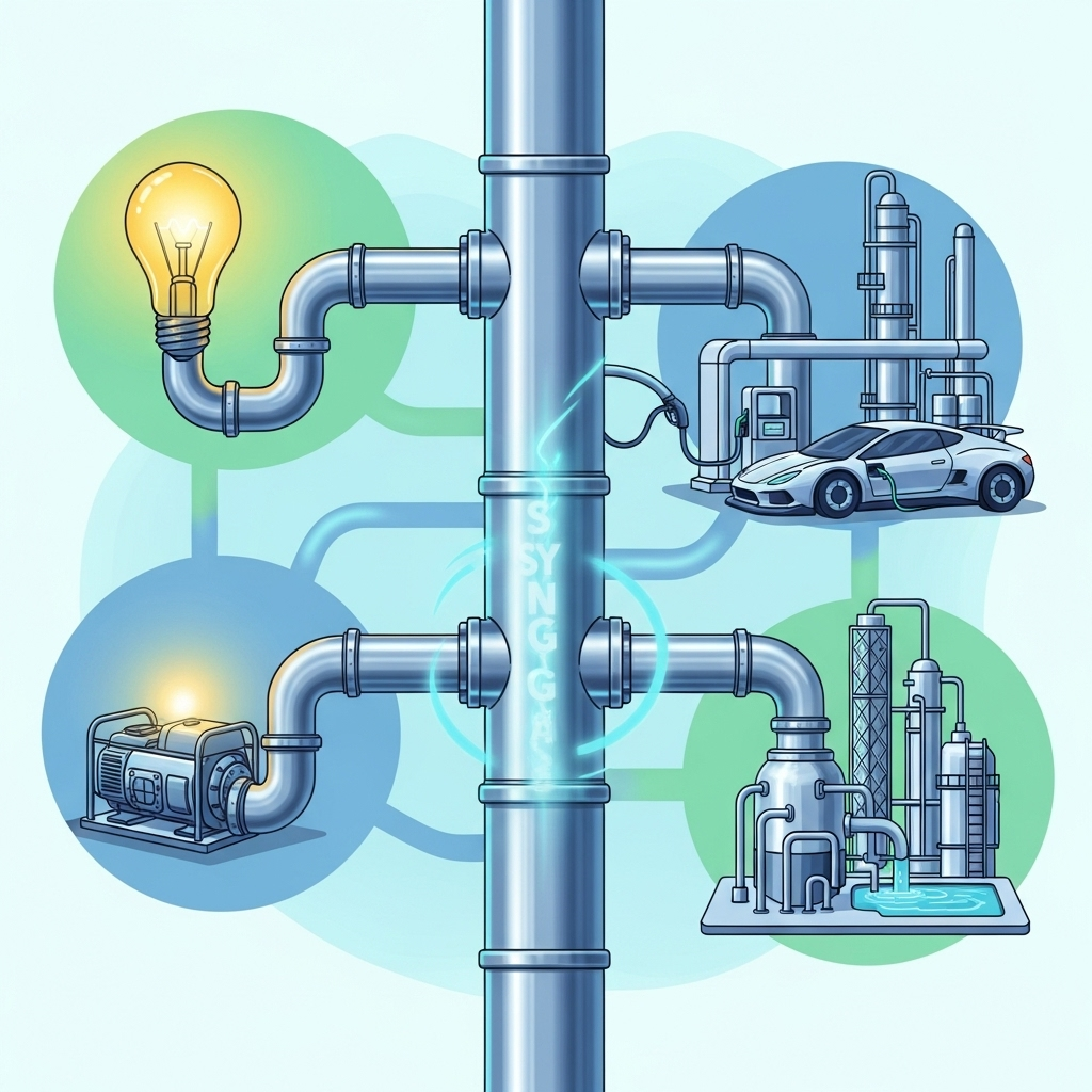 The Versatility of Syngas: A vibrant and engaging illustration with a central pipeline of syngas branching out to power different applications. These could include a generator powering a lightbulb, a futuristic car at a refueling station, and a refinery producing liquid fuels, showcasing the diverse uses of the output.