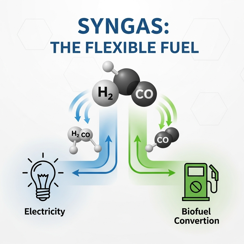 Flexible Fuel Source: An infographic-style image titled "Syngas: The Flexible Fuel." It shows syngas molecules (H2 and CO) flowing from a central point and branching to two icons: a glowing lightbulb for electricity generation and a fuel pump for biofuel conversion