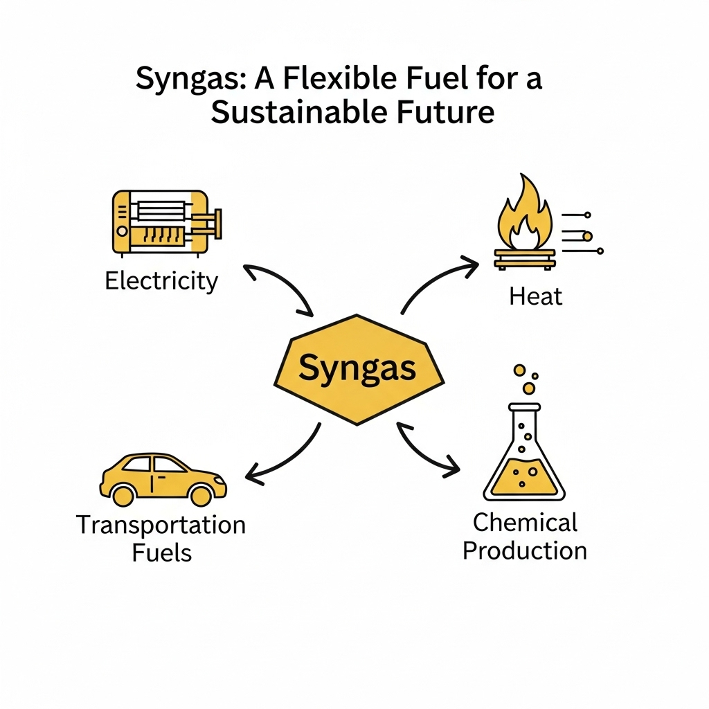 Image 7: Syngas: The Clean FuelConcept: A diagram showing the versatility of syngas. A central icon for "Syngas" has arrows pointing to different applications: a generator (for electricity), a flame (for heat), a car (for transportation fuels), and a beaker (for chemical production).Style: Informative and clear flowchart or mind map.Text Overlay: "Syngas: A Flexible Fuel for a Sustainable Future"