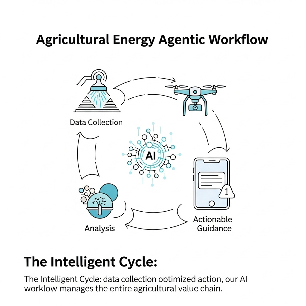 Image 3: The AI-Facilitated WorkflowConcept: A clean, dynamic infographic illustrating the "Agricultural Energy Agentic Workflow." Icons representing data collection (sensors, drones), AI analysis (a glowing neural network), and actionable guidance (a notification on a smartphone) are connected in a seamless, circular flow.Style: Modern, minimalist, and easy to understand. Uses clean lines and universally recognizable icons.Caption: The Intelligent Cycle: From data collection to optimized action, our AI workflow manages the entire agricultural value chain.