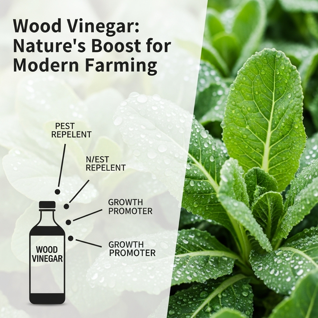 Image 9: Wood Vinegar: A Natural Agricultural AllyConcept: An image of healthy, vibrant crops (e.g., leafy greens or fruit) with dew-like droplets on them. A subtle overlay of a bottle labeled "Wood Vinegar" is in the corner, with lines indicating its benefits (e.g., pest repellent, growth promoter).Style: Fresh, clean, and focused on agricultural health.Text Overlay: "Wood Vinegar: Nature's Boost for Modern Farming"