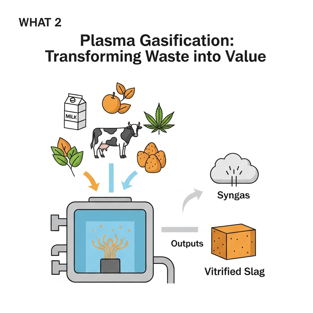 Image 2: What is Plasma Gasification?Concept: An easy-to-understand infographic. A simple, clear diagram showing various agricultural feedstocks (represented by icons like a milk carton, a cow, and a hemp leaf) entering a stylized plasma gasification chamber. From the chamber, arrows point to the outputs: a cloud icon labeled "Syngas" and a solid block icon labeled "Vitrified Slag."Style: Flat design with clean lines and minimal text.Text Overlay: "Plasma Gasification: Transforming Waste into Value"