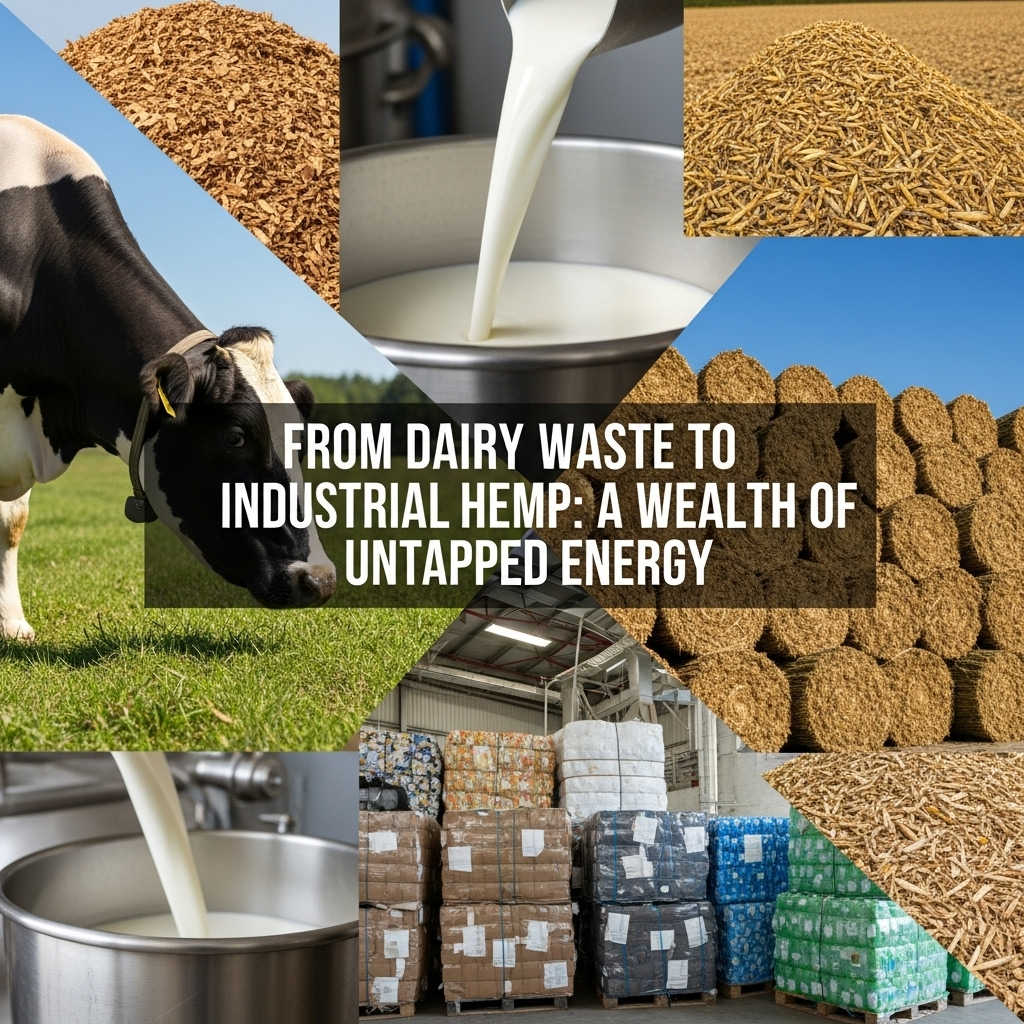 Image 3: A World of FeedstocksConcept: A photo collage showcasing the variety of potential feedstocks. Feature high-quality images of dairy cows, flowing milk (to represent waste), large piles of industrial hemp stalks, and other forms of biomass.Style: Engaging and dynamic photo grid.Text Overlay: "From Dairy Waste to Industrial Hemp: A Wealth of Untapped Energy"
