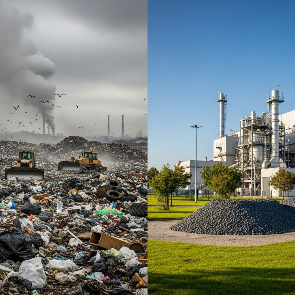 Waste Management Revolution: A split-panel image. The left side depicts a traditional, overflowing landfill under a gray, polluted sky. The right side shows a clean, modern plasma gasification facility with a small, neat pile of slag and a clear blue sky, illustrating the positive environmental impact of this technology.