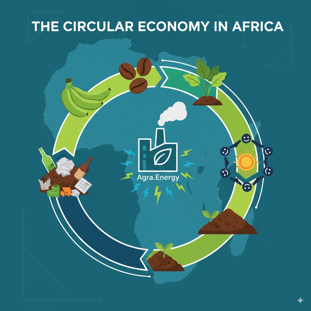Image 1: The Circular Economy in AfricaDescription: A stylized graphic showing a continuous loop. Inside the loop are icons representing Ugandan agriculture (matoke, coffee beans), waste, the Agra.Energy plant, and back to community benefits like clean energy and fertile soil. The backdrop is a silhouette of the African continent.Style: Clean, modern, with a vibrant color palette.