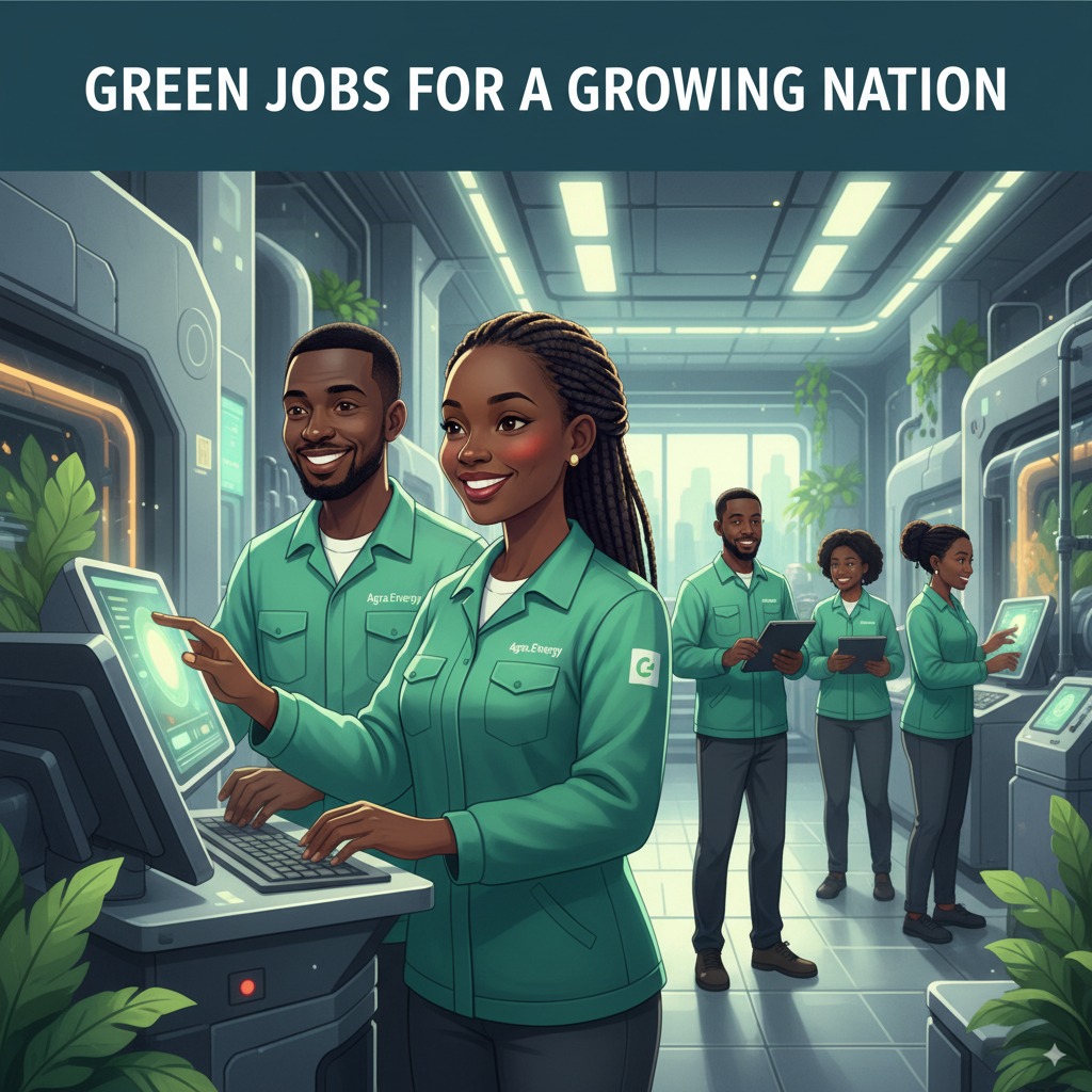 Image 10: Green Jobs for a Growing NationDescription: An illustration of a diverse team of smiling Ugandan men and women in professional Agra.Energy uniforms, operating high-tech equipment inside the plant. The focus is on skill, empowerment, and teamwork.Style: Modern, empowering, and people-centric.