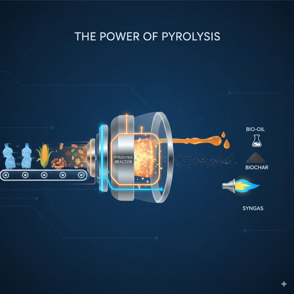 Image 2: The Power of PyrolysisDescription: A sleek, animated diagram. On the left, various forms of waste (plastic bottles, corn husks) are fed into a central, futuristic-looking reactor. On the right, three distinct streams emerge: droplets representing bio-oil, glowing particles for biochar, and a clean flame for syngas.Style: Tech-forward, engaging, infographic style.